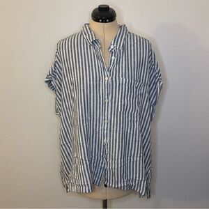 Orvis Slate Blue & White Striped Linen Rayon Blend Button Up Casual Shirt, XXL